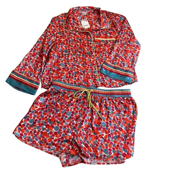 Free People Size L Pillow Talk Satin Pajama Set Red Poppy Floral Print Silky New - Picture 2 of 13